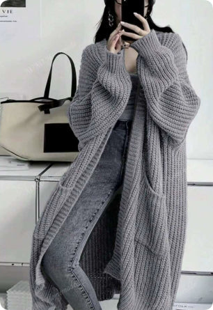 Women's Longline Warm Cardigan in Khaki - Light Grey