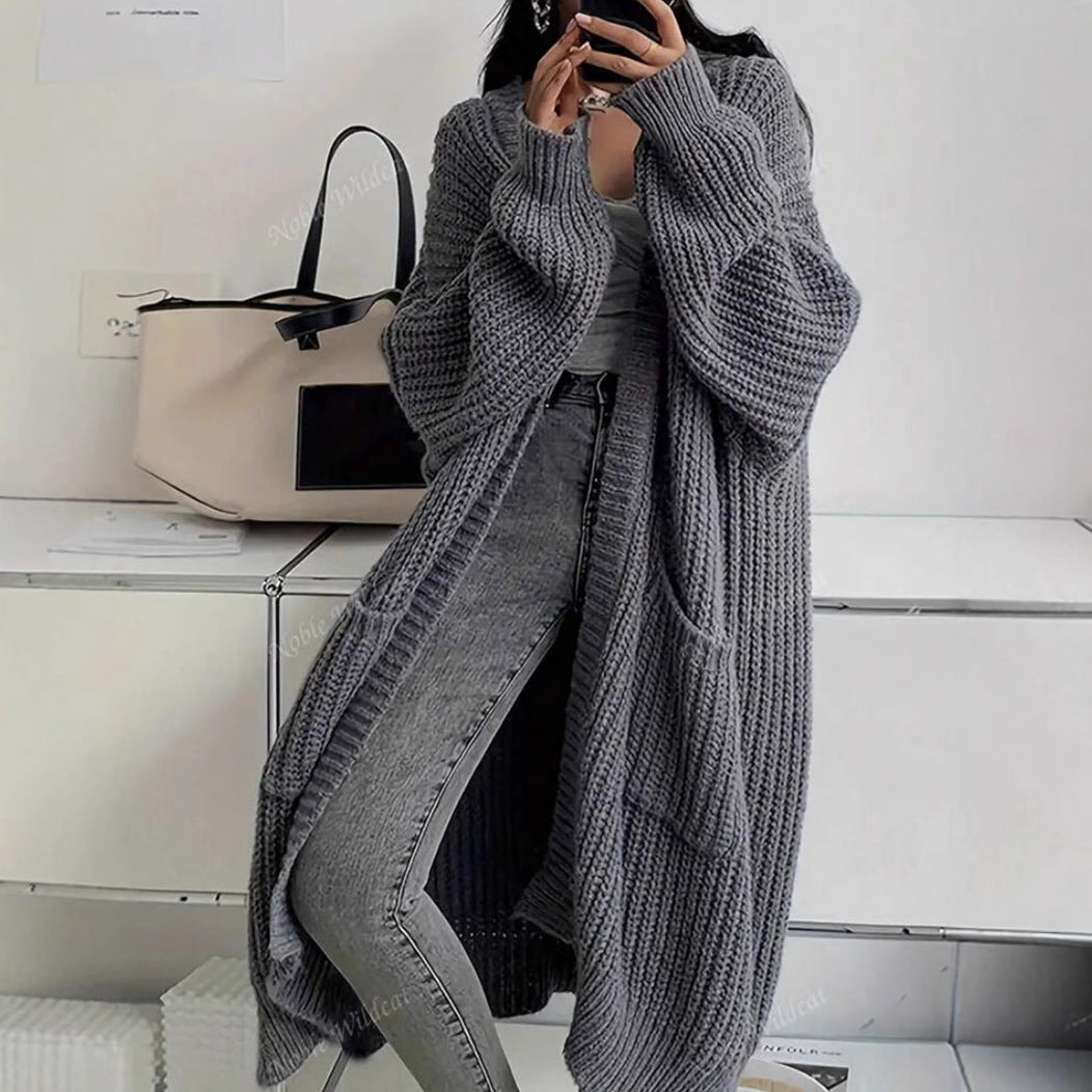 Women's Longline Warm Cardigan in Khaki - Grey