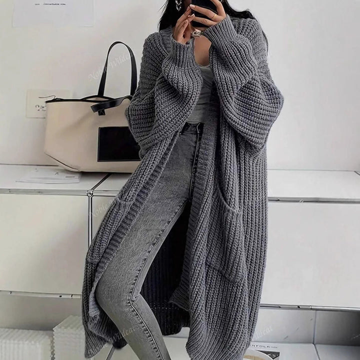 Women's Longline Warm Cardigan in Khaki - Grey