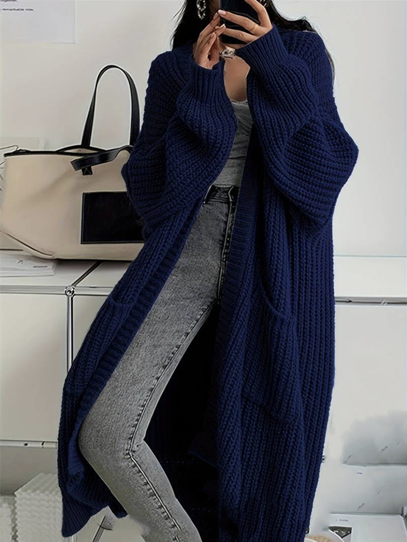 Women's Longline Warm Cardigan in Khaki - Navy