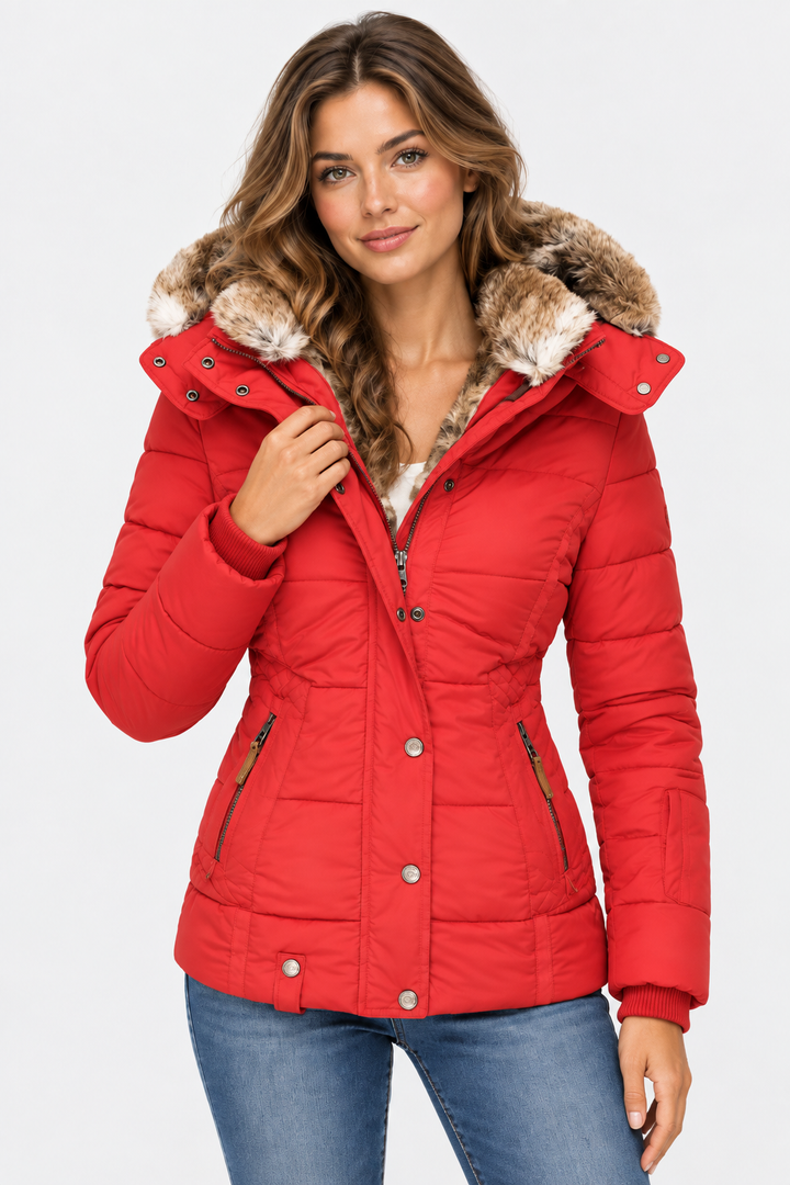 Women's Faux Fur Puffer Jacket with Hood - Red