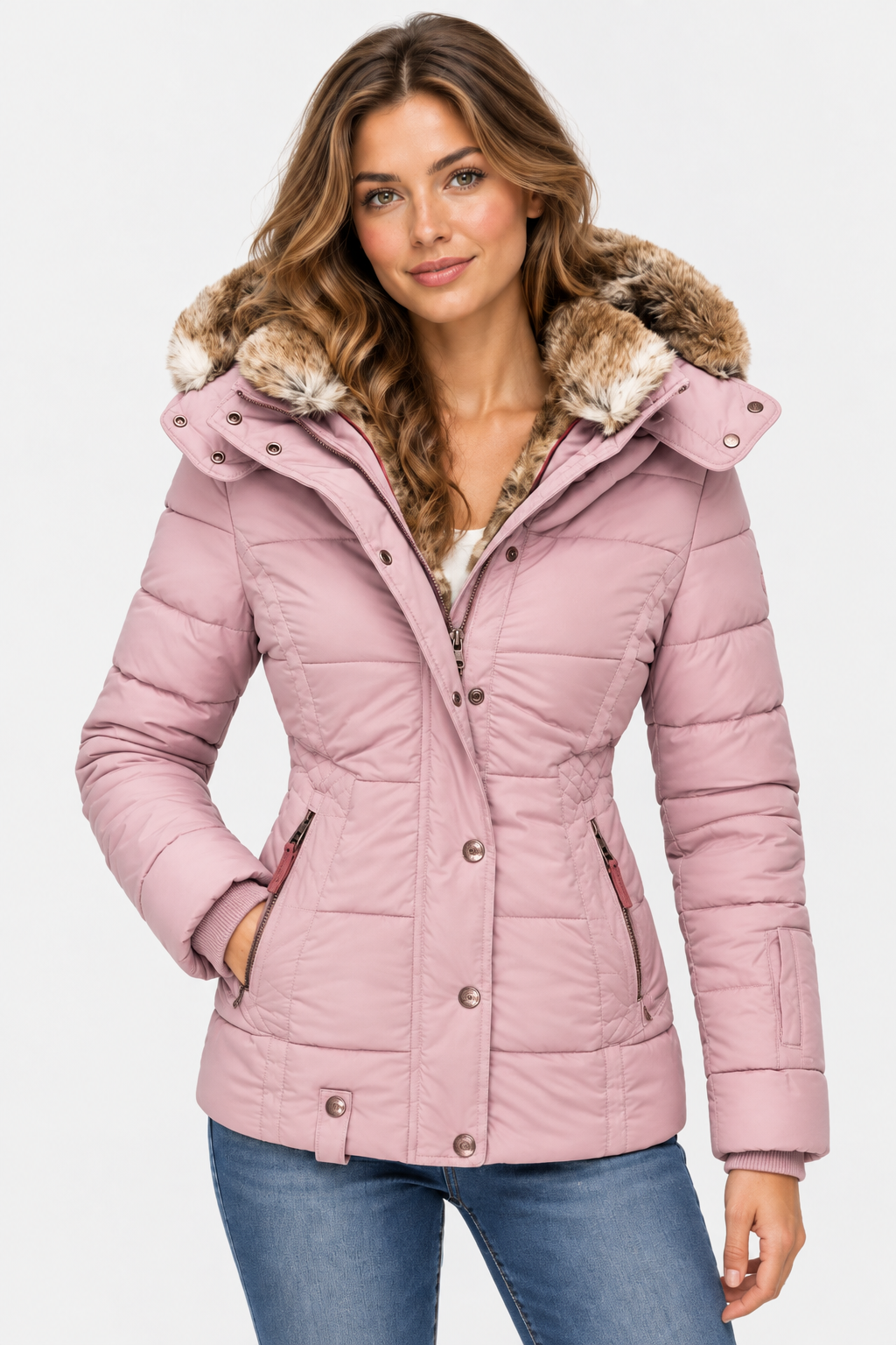 Women's Faux Fur Puffer Jacket with Hood - Light Pink