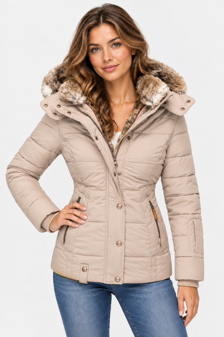 Women's Faux Fur Puffer Jacket with Hood - Beige
