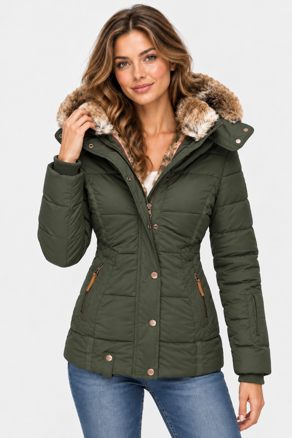 Women's Faux Fur Puffer Jacket with Hood - Green