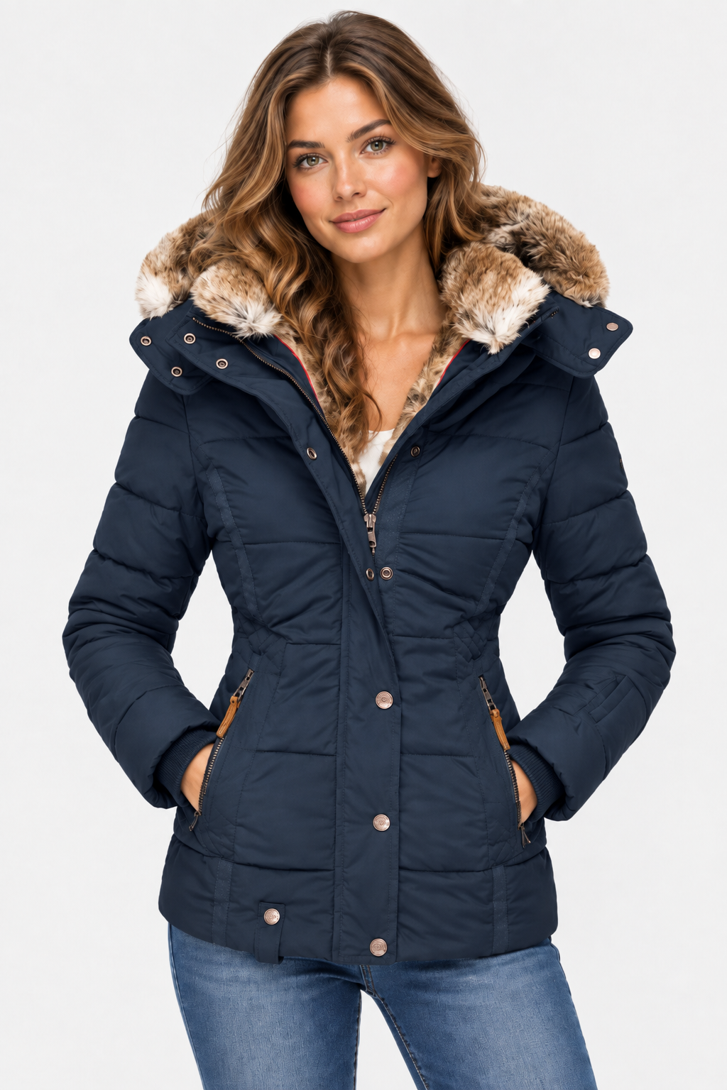 Women's Faux Fur Puffer Jacket with Hood - Navy