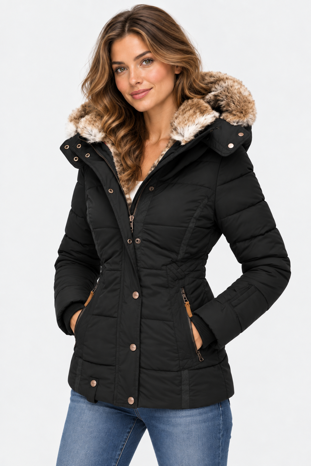 Women's Faux Fur Puffer Jacket with Hood