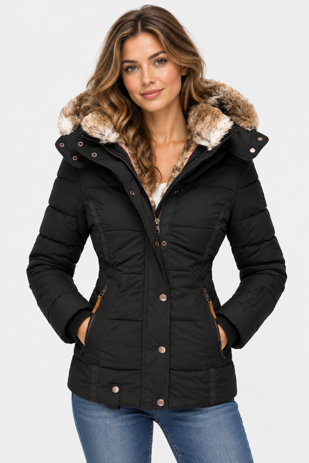 Women's Faux Fur Puffer Jacket with Hood - Black