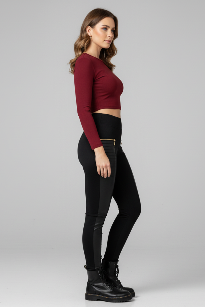 Women’s High Waisted Leather Look Panel Leggings Stretch Slim Fit Pants