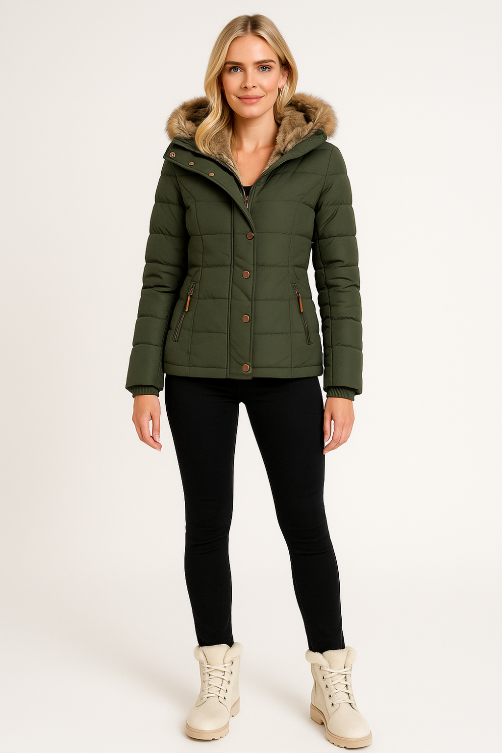 Women’s Winter Puffer Jacket Thermal Padded Coat with Fur Hood