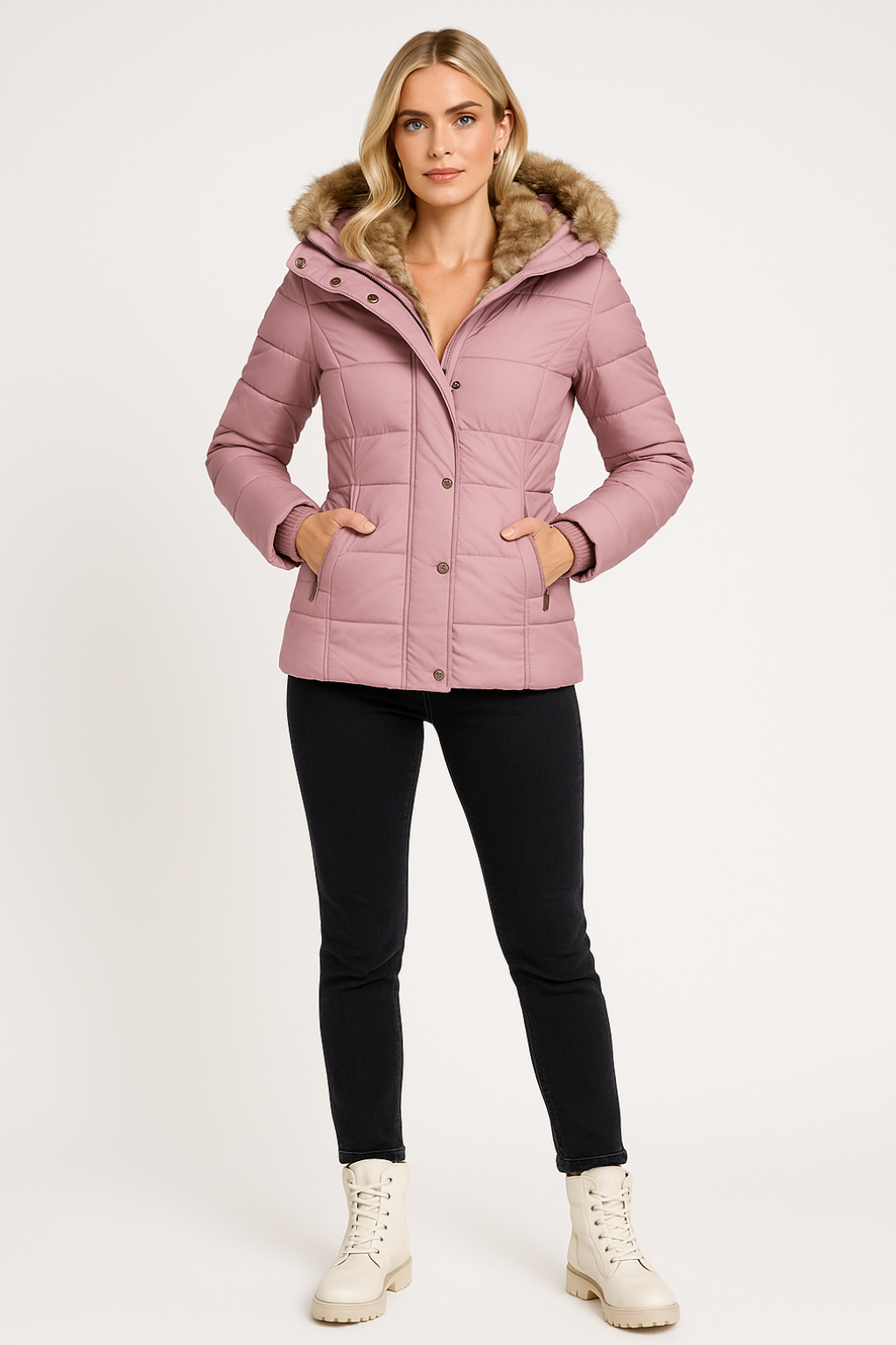 Women’s Winter Puffer Jacket Thermal Padded Coat with Fur Hood