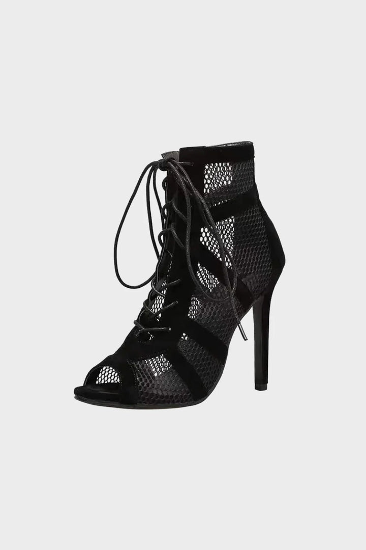 Women’s Mesh Lace Up High Heel Sandals Peep Toe Party Dress Shoes