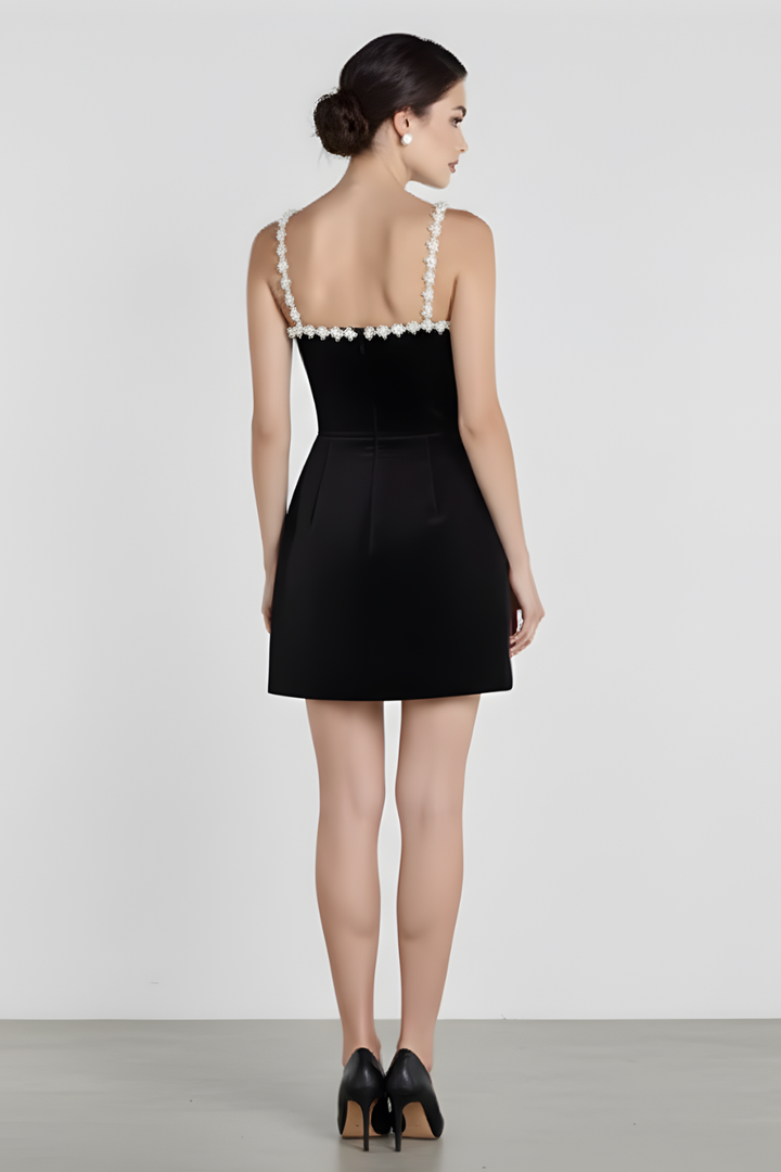 Women’s Velvet Black Mini Dress with Pearl Straps