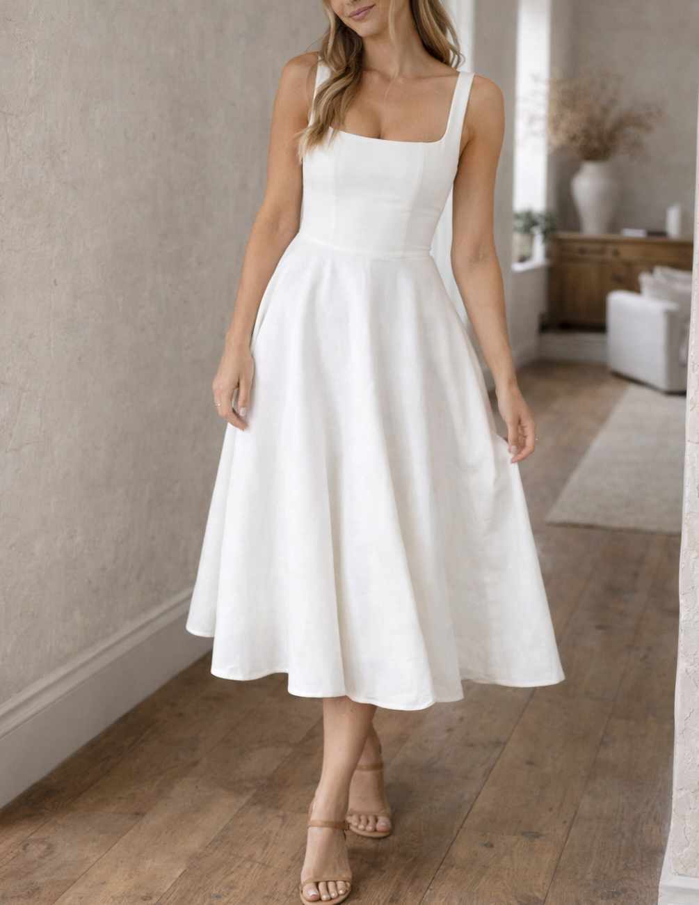 Women's Sleeveless A-Line Midi Dress Fitted Bodice