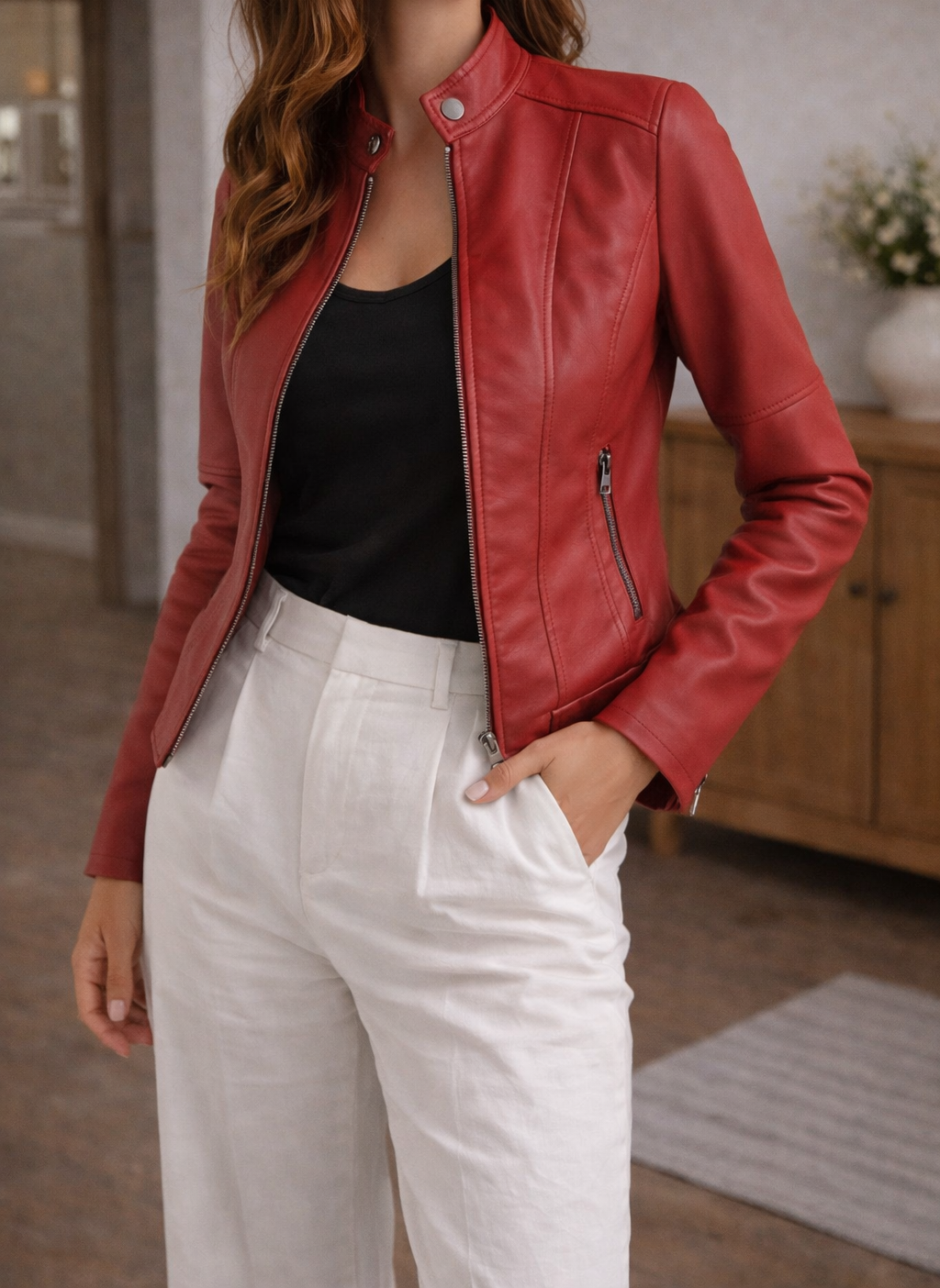 Women's Leather Jacket Fitted Design Zipper