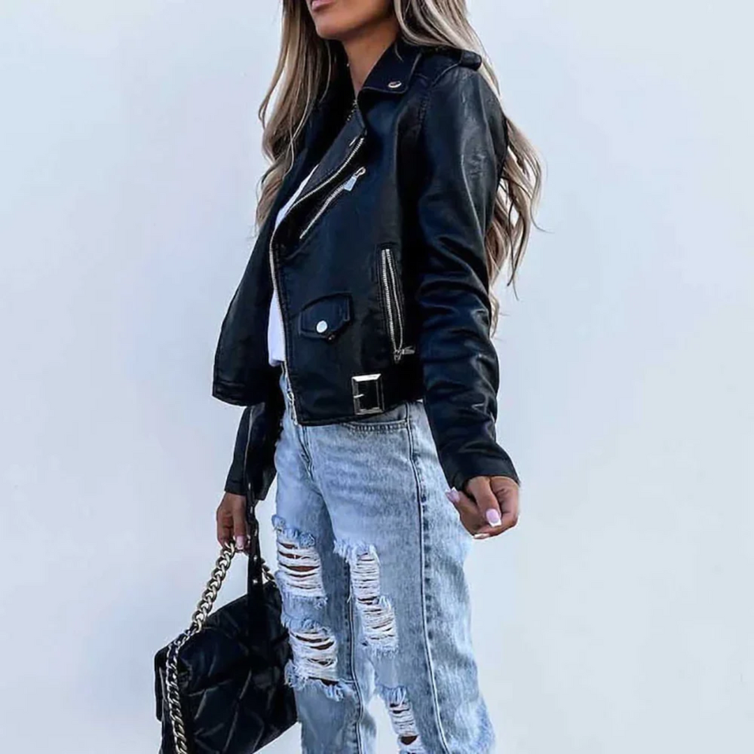 Women's Faux Leather Biker Jacket with Asymmetric Zipper and Zip Pockets, Tailored Fit