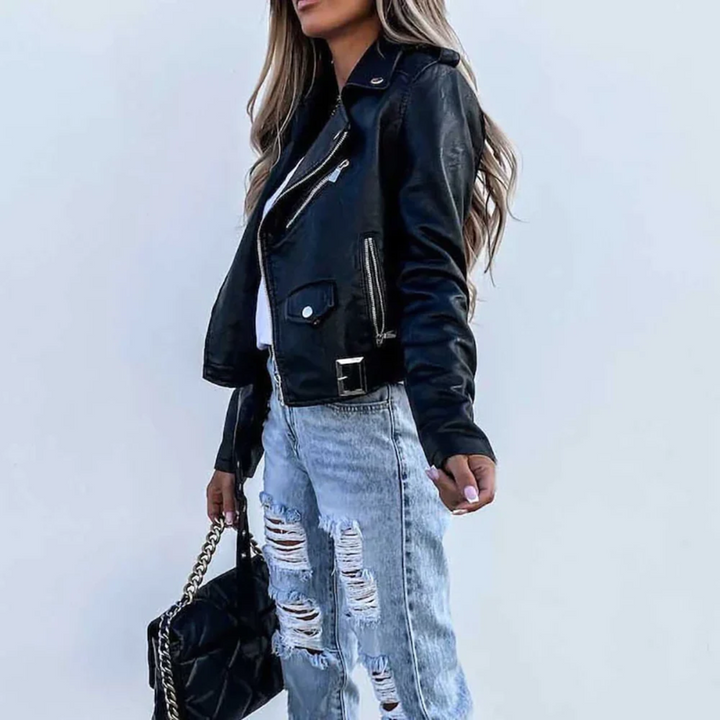 Women's Faux Leather Biker Jacket with Asymmetric Zipper and Zip Pockets, Tailored Fit