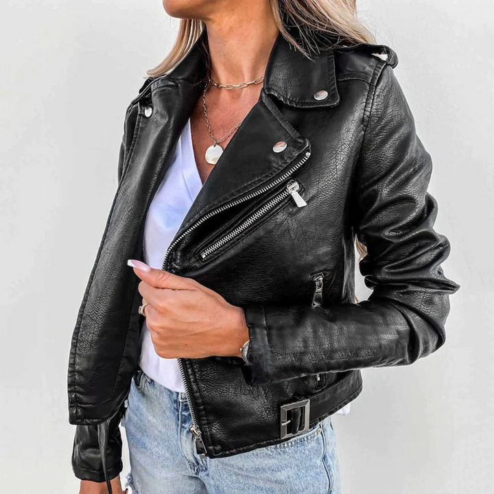 Women's Faux Leather Biker Jacket with Asymmetric Zipper and Zip Pockets, Tailored Fit