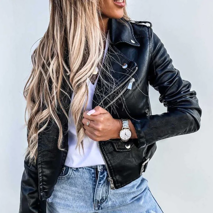 Women's Faux Leather Biker Jacket with Asymmetric Zipper and Zip Pockets, Tailored Fit