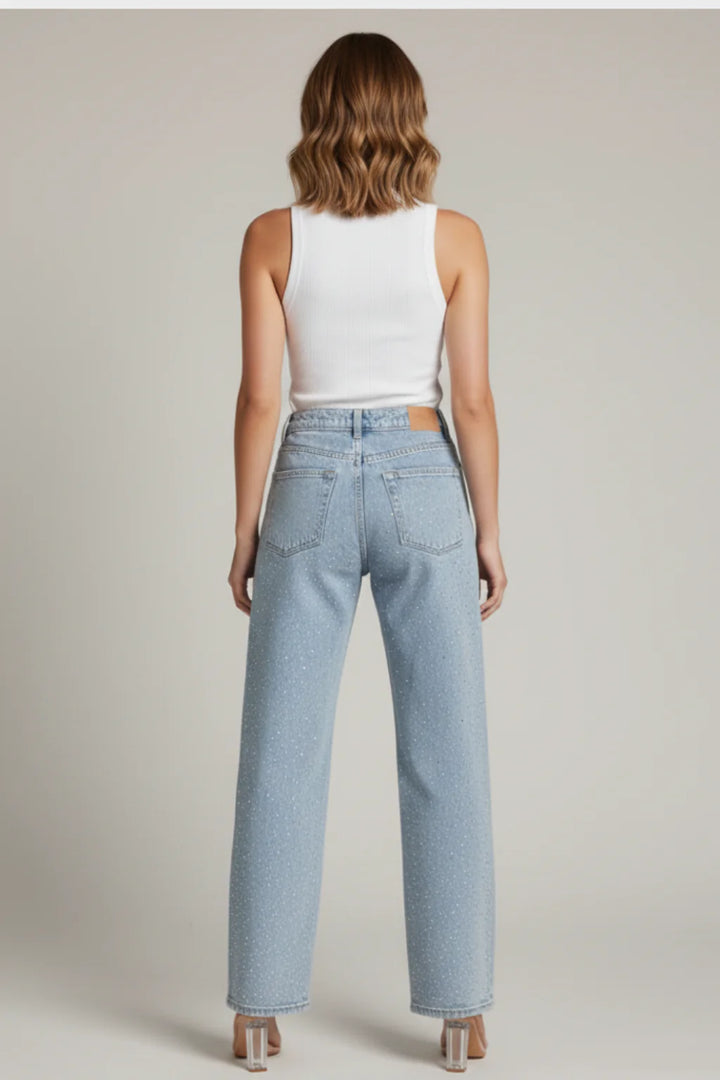 Women’s Sparkling Rhinestone Straight Leg Jeans Trendy Sparkle Denim