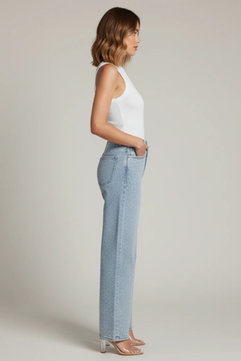Women’s Sparkling Rhinestone Straight Leg Jeans Trendy Sparkle Denim