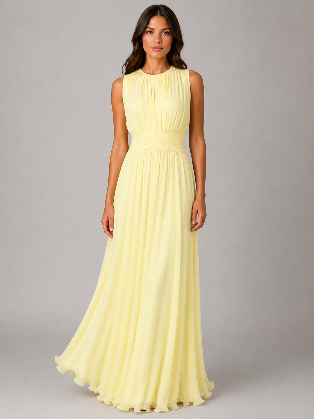 Women's Chiffon Maxi Dress Ruched Waist Wedding Guest