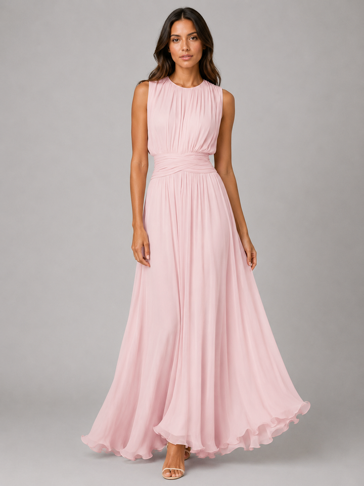Women's Chiffon Maxi Dress Ruched Waist Wedding Guest