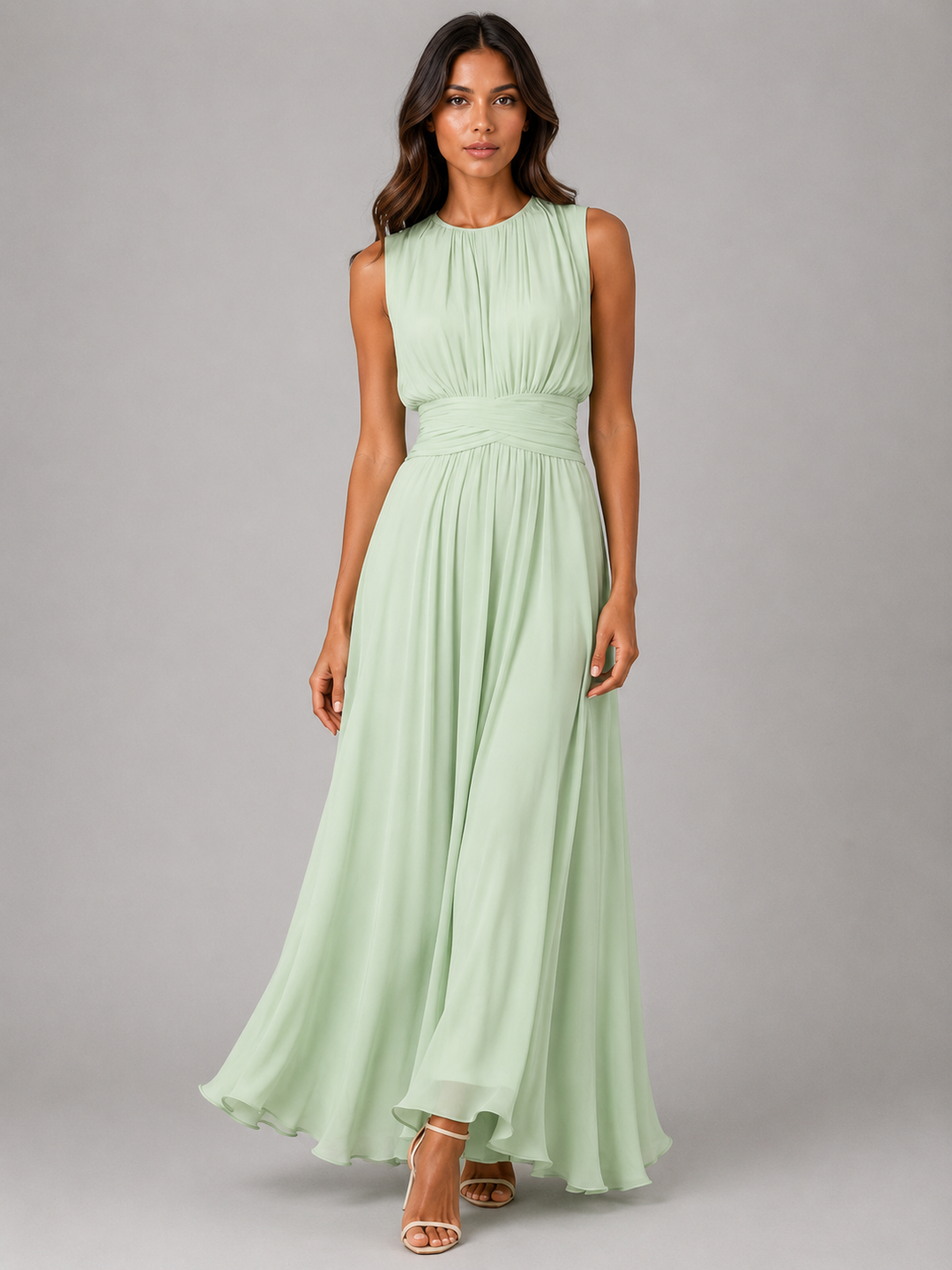 Women's Chiffon Maxi Dress Ruched Waist Wedding Guest