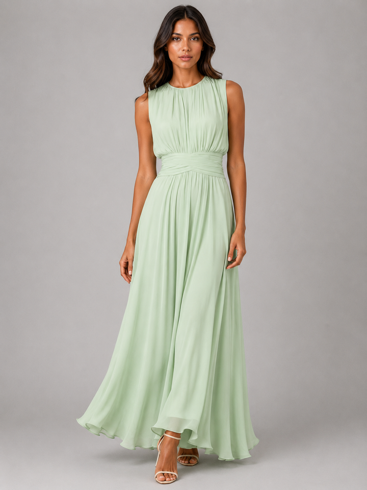 Women's Chiffon Maxi Dress Ruched Waist Wedding Guest