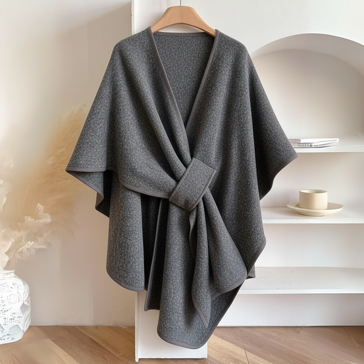 Women's Draped Shawl Wrap with Wide Tie Belt - Grey