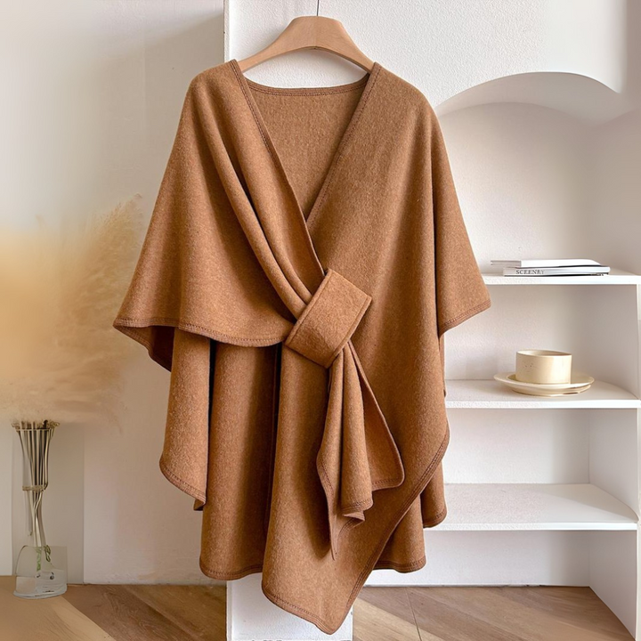 Women's Draped Shawl Wrap with Wide Tie Belt - Camel