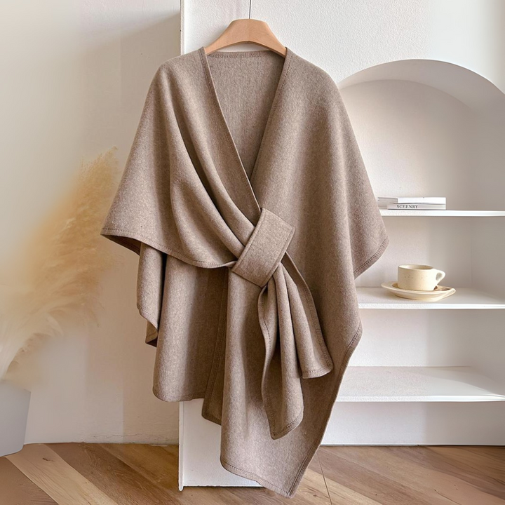 Women's Draped Shawl Wrap with Wide Tie Belt - Khaki