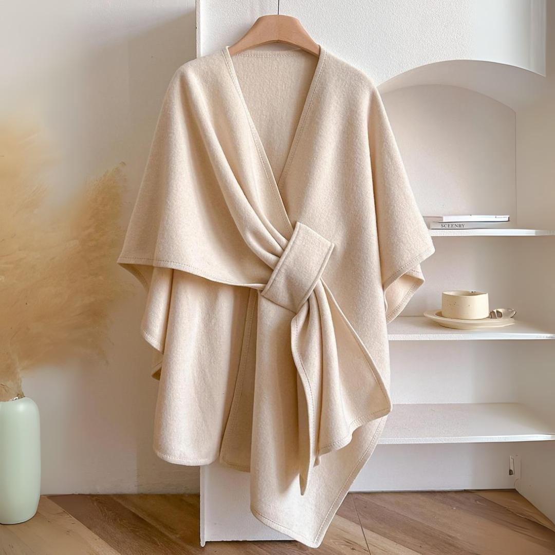 Women's Draped Shawl Wrap with Wide Tie Belt - Beige