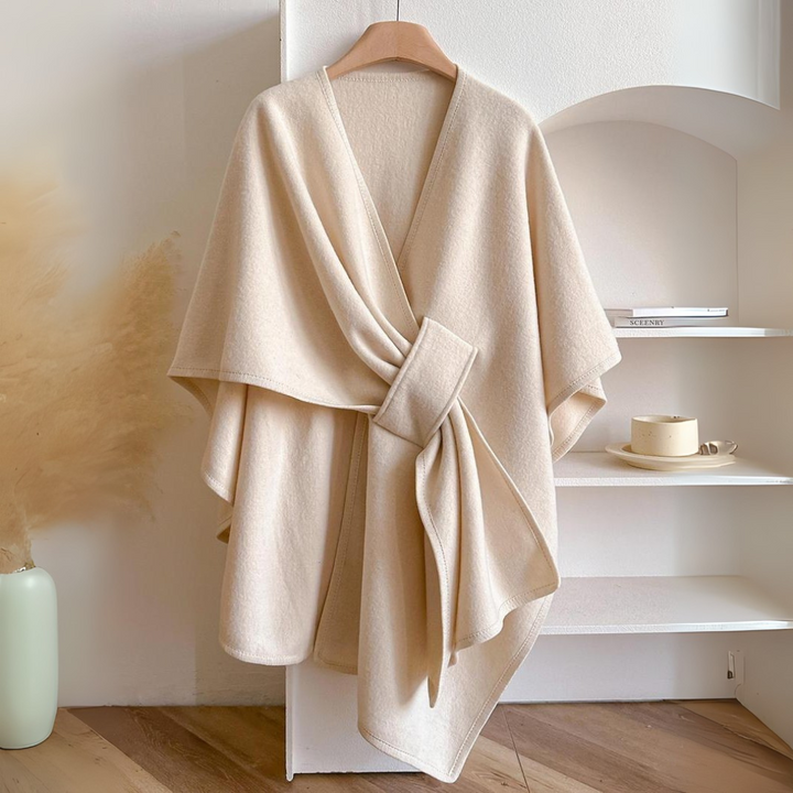 Women's Draped Shawl Wrap with Wide Tie Belt - Beige