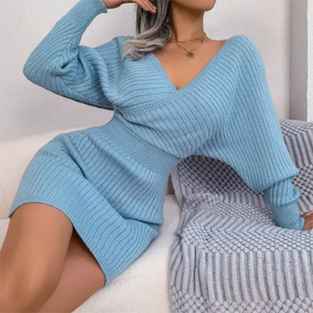 Women's Knitted V-Neck Dress with Long Sleeves