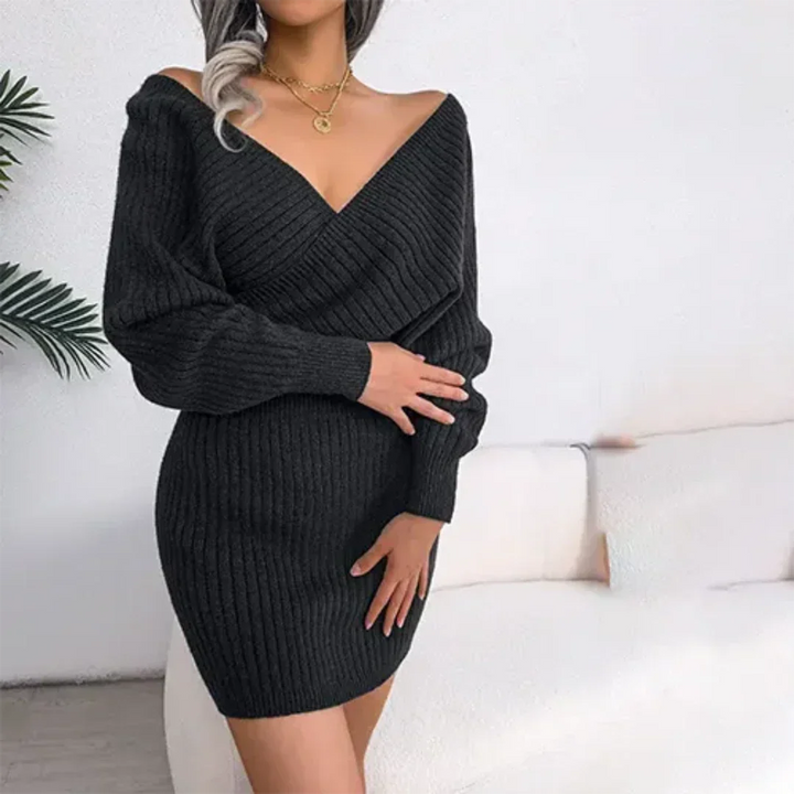 Women's Knitted V-Neck Dress with Long Sleeves