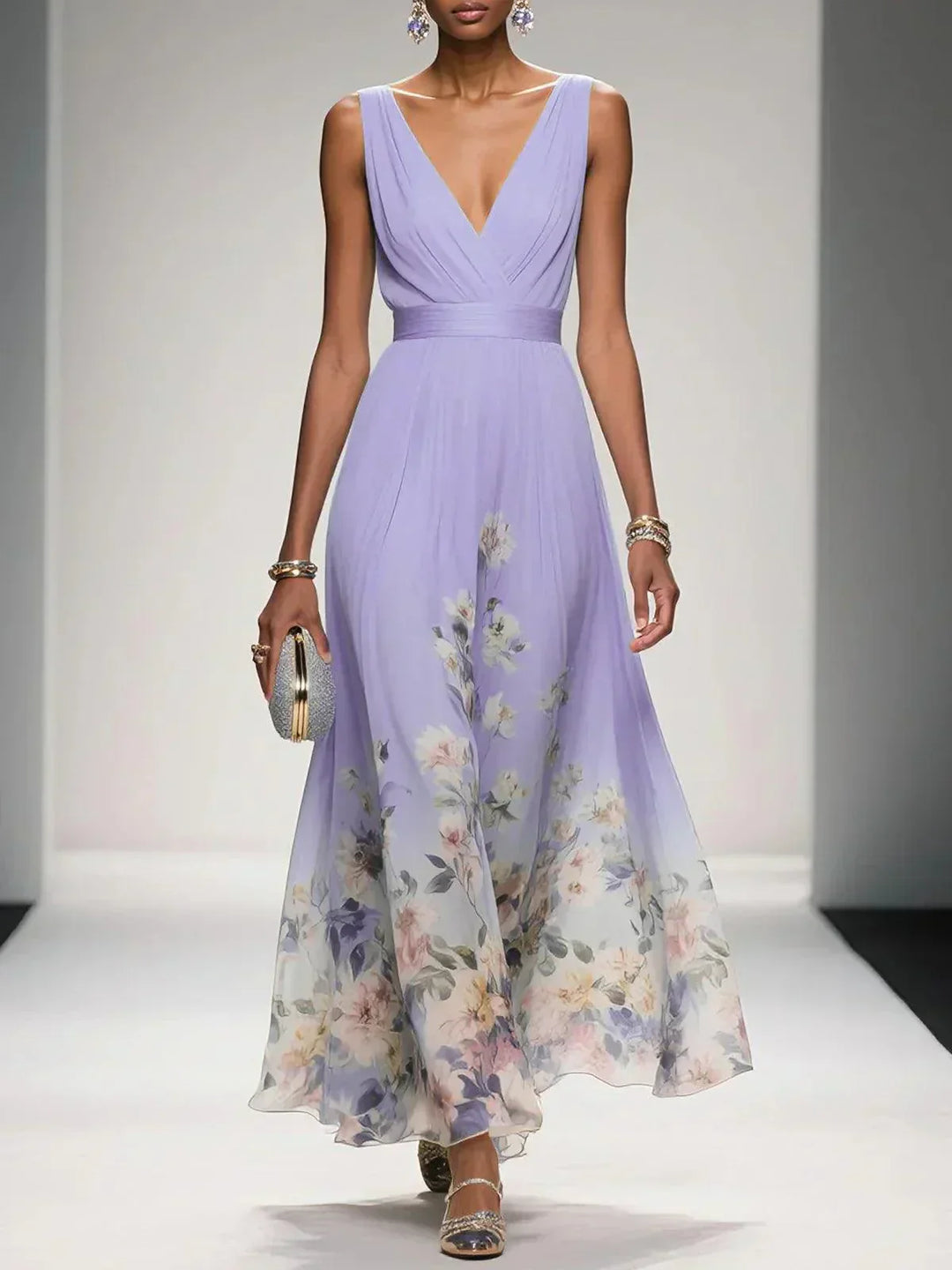 Elegant Floral Women’s Maxi Dress with Pleated Bodice