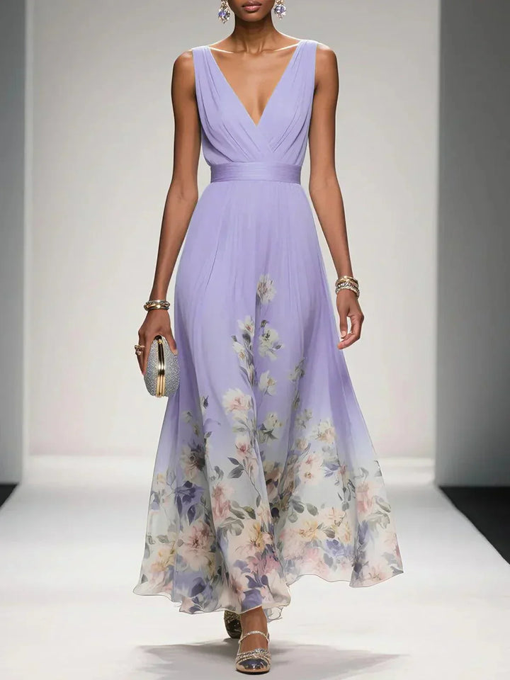 Elegant Floral Women’s Maxi Dress with Pleated Bodice