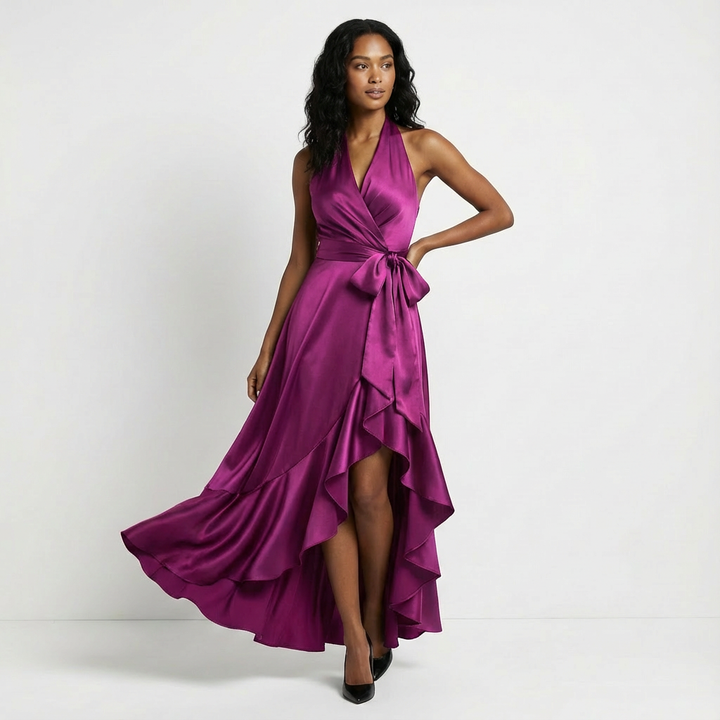 Elegant Women’s Maxi Wedding Guest Dress with Tie-Waist Bow