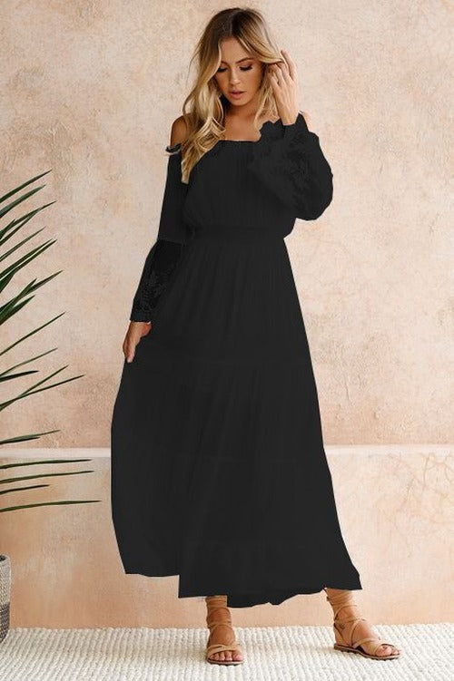 Abbie - Women's Off-Shoulder Maxi Dress with Lace Sleeves and Tiered Skirt - photo 3