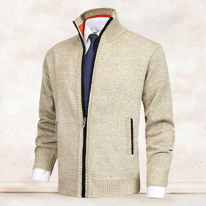 Men's Knitted Cardigan with Mock Neck and Zip Front - Beige