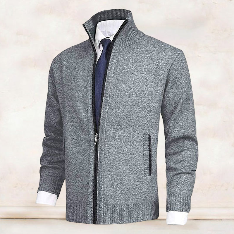 Men's Knitted Cardigan with Mock Neck and Zip Front - Grey
