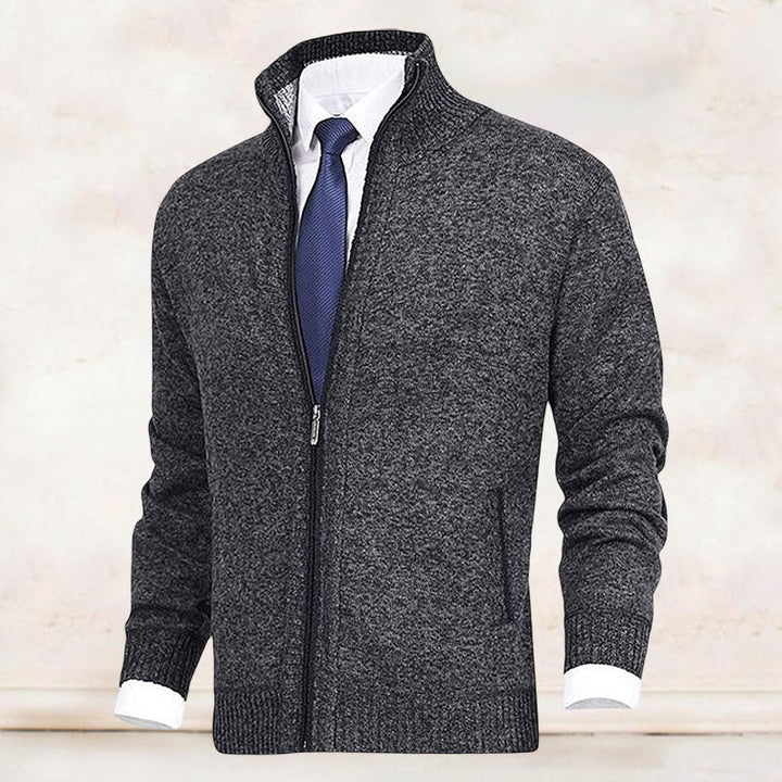 Men's Knitted Cardigan with Mock Neck and Zip Front - Dark Grey