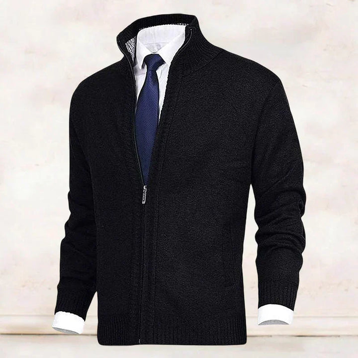 Men's Knitted Cardigan with Mock Neck and Zip Front - Black