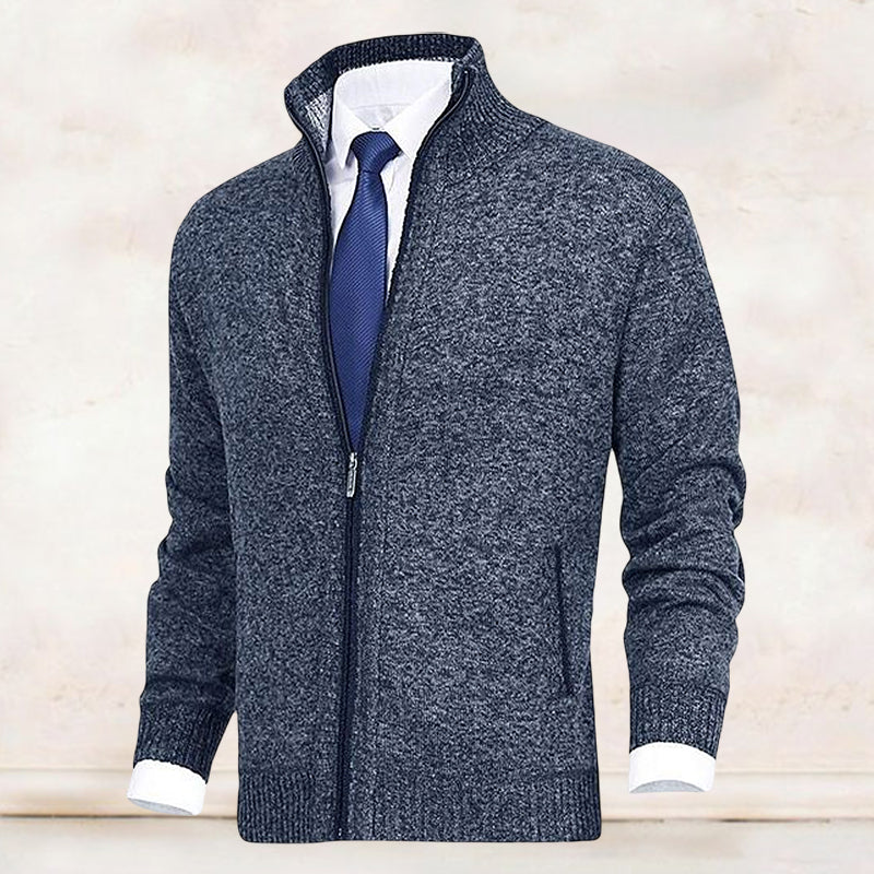 Men's Knitted Cardigan with Mock Neck and Zip Front - Blue
