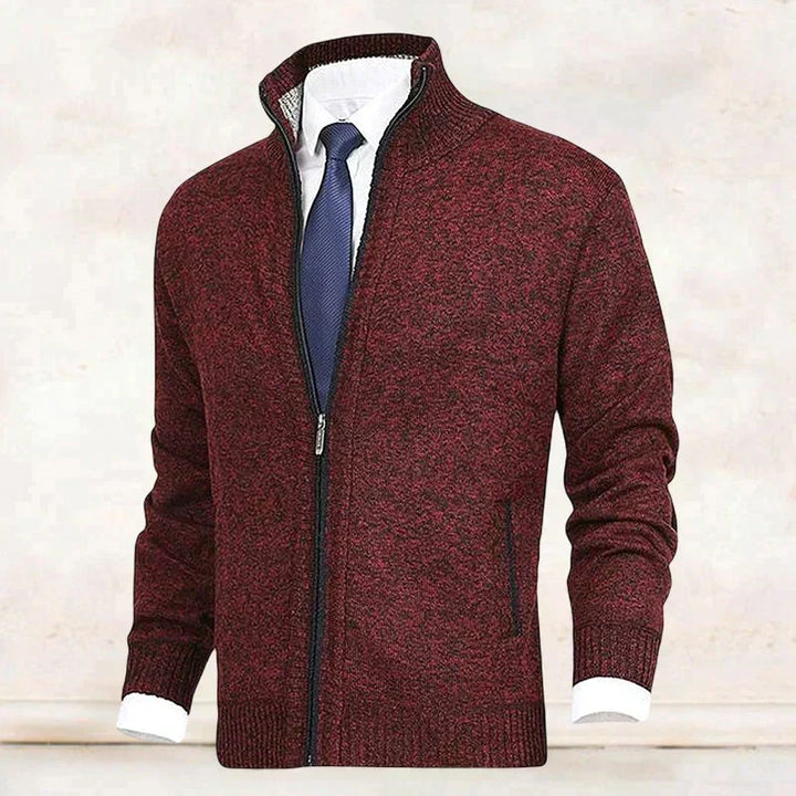 Men's Knitted Cardigan with Mock Neck and Zip Front - Red