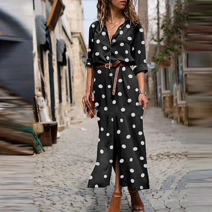 Women's Polka Dot Midi Dress with Button Front