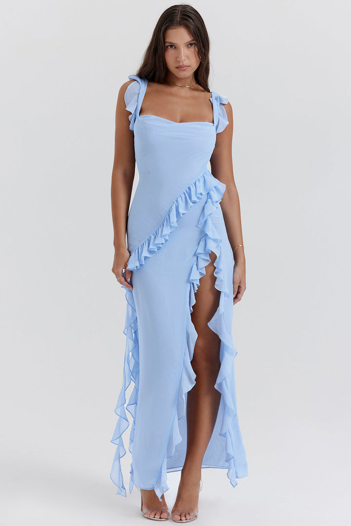Elegant Women's Melantha Dress – Adjustable Straps – Ruffle Detail – High Slit