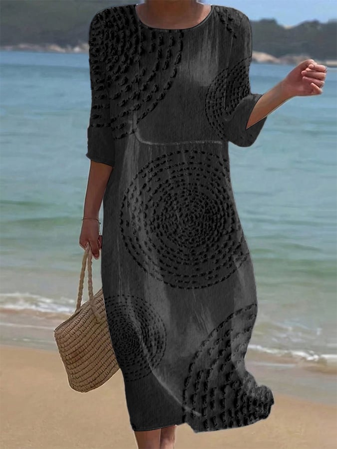 Women's Textured Midi Dress with Crew Neck and 3/4 Sleeves