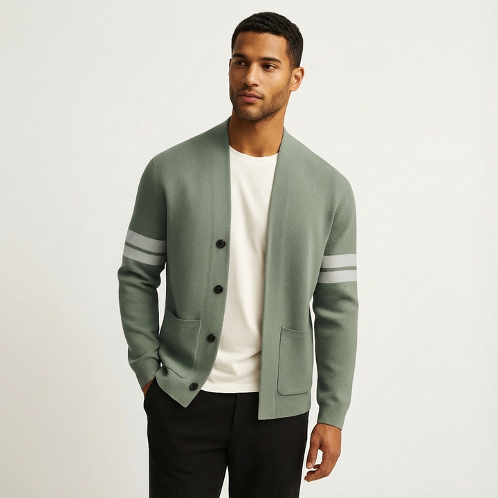 Classic Merino Men’s Cardigan with Stripe Sleeves