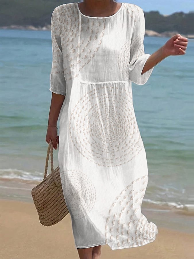 Women's Textured Midi Dress with Crew Neck and 3/4 Sleeves
